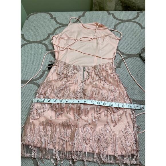 Lulus Making Magic Blush Pink Fringe Lace-Up Mini Dress, size XS - Picture 12 of 16